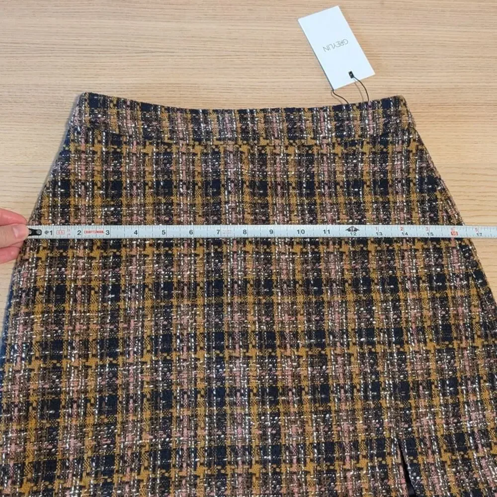 Greylin Skirt Womens XS Mini Black/Orange Tweed Plaid Pencil Straight NWT